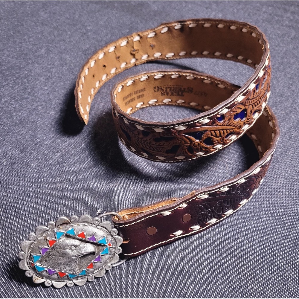 Vinatge Texas Sterling Leather‎ Belt Tooled Blue Inlay Buckle Eagle Western 36